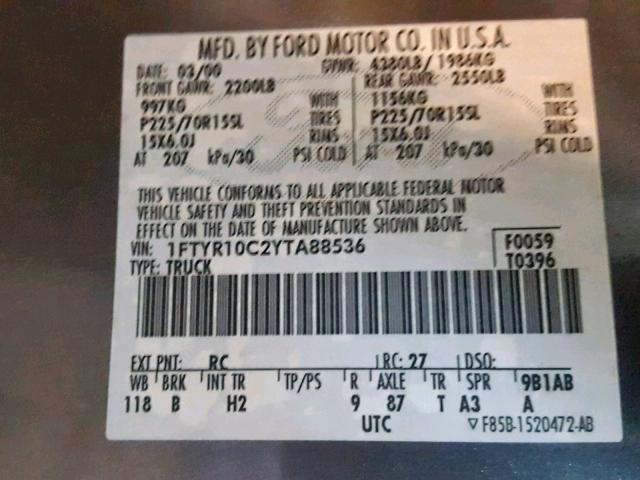 1FTYR10C2YTA88536 - 2000 FORD RANGER GRAY photo 10