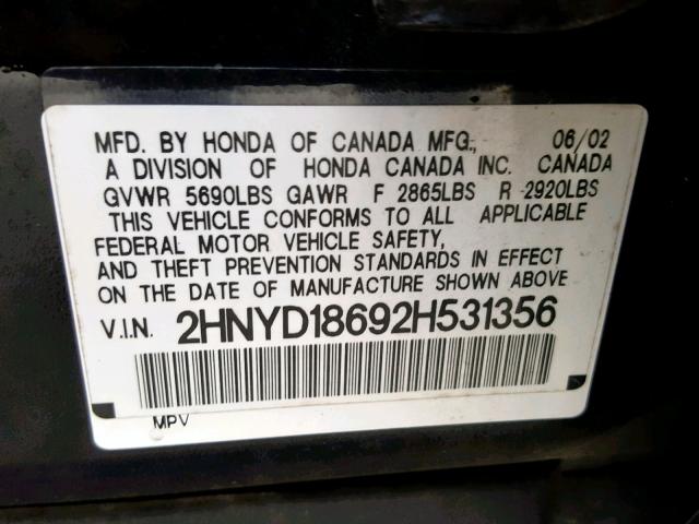 2HNYD18692H531356 - 2002 ACURA MDX TOURIN BLACK photo 10