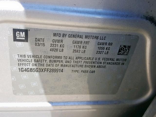 1G4GB5G3XFF289914 - 2015 BUICK LACROSSE SILVER photo 10