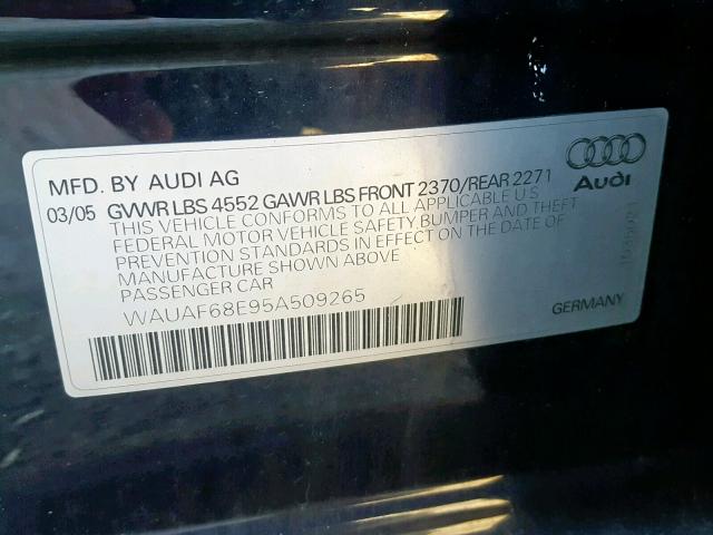 WAUAF68E95A509265 - 2005 AUDI A4 2.0T BLUE photo 10
