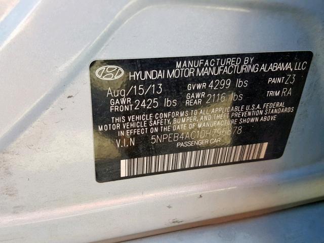 5NPEB4AC1DH796878 - 2013 HYUNDAI SONATA GLS SILVER photo 10