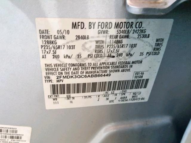 2FMDK3GC6ABB66449 - 2010 FORD EDGE SE SILVER photo 10