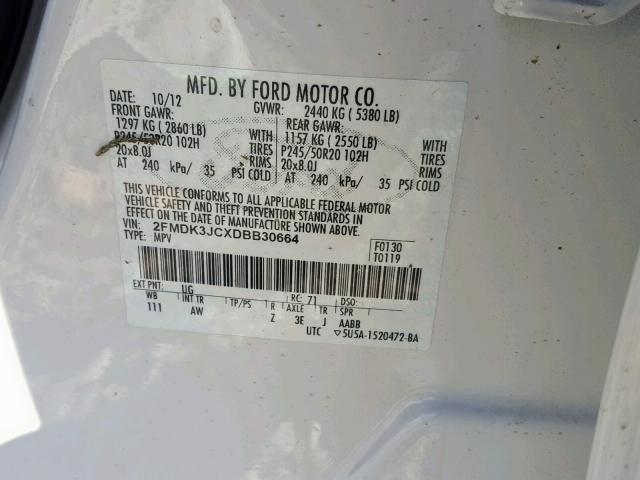 2FMDK3JCXDBB30664 - 2013 FORD EDGE SEL WHITE photo 10