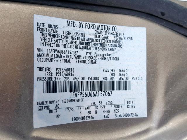 1FAFP56U66A157067 - 2006 FORD TAURUS SEL GOLD photo 10