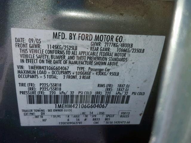 1MEHM42106G604067 - 2006 MERCURY MONTEGO PR GREEN photo 10