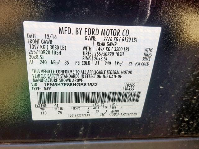 1FM5K7F88HGB81532 - 2017 FORD EXPLORER L BLACK photo 10