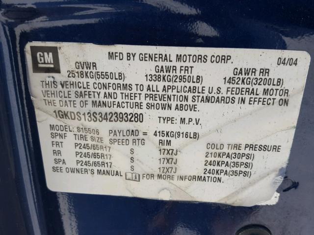 1GKDS13S342393280 - 2004 GMC ENVOY BLUE photo 10