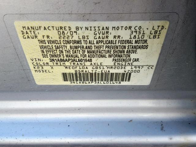 3N1AB6AP3AL601648 - 2010 NISSAN SENTRA 2.0 SILVER photo 10