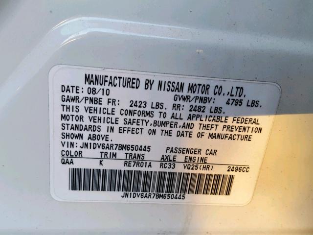 JN1DV6AR7BM650445 - 2011 INFINITI G25 WHITE photo 10