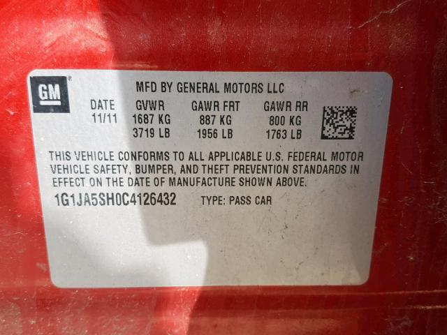 1G1JA5SH0C4126432 - 2012 CHEVROLET SONIC LS 红色 照片 10