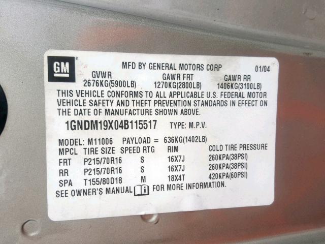 1GNDM19XX3B134879 - 2003 CHEVROLET ASTRO BEIGE photo 10