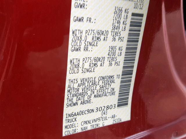 1N6AA0EC9DN302803 - 2013 NISSAN TITAN S RED photo 10