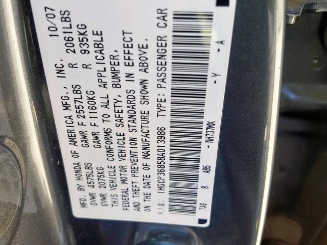 1HGCP36858A013986 - 2008 HONDA ACCORD EXL GRAY photo 10