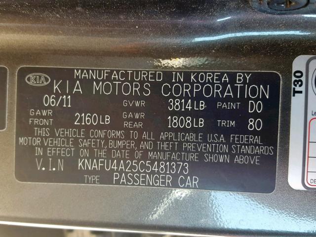 KNAFU4A25C5481373 - 2012 KIA FORTE EX CHARCOAL photo 10