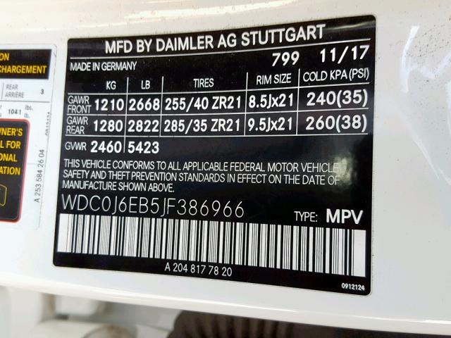 WDC0J6EB5JF386966 - 2018 MERCEDES-BENZ GLC COUPE WHITE photo 10