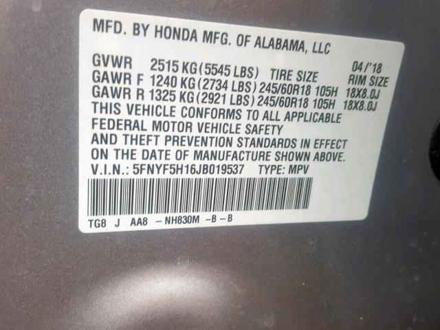 5FNYF5H16JB019537 - 2018 HONDA PILOT LX SILVER photo 10