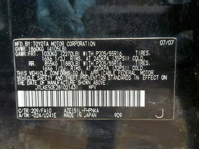 JTLKE50E281021431 - 2008 TOYOTA SCION XB 黑色 照片 10