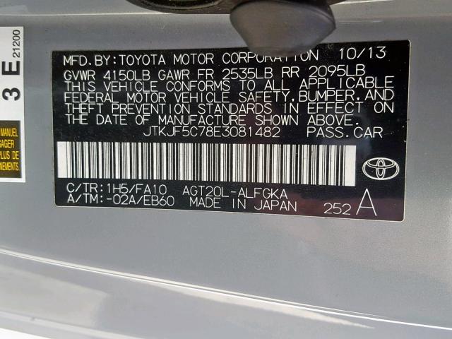 JTKJF5C78E3081482 - 2014 TOYOTA SCION TC GRAY photo 10