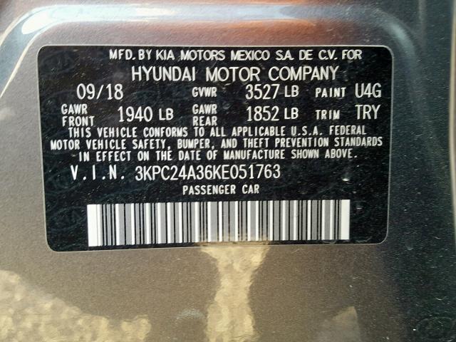 3KPC24A36KE051763 - 2019 HYUNDAI ACCENT SE GRAY photo 10