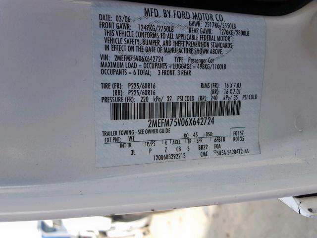 2MEFM75V06X642724 - 2006 MERCURY GRAND MARQ WHITE photo 10