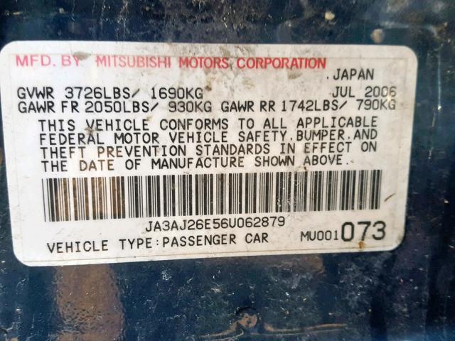 JA3AJ26E56U062879 - 2006 MITSUBISHI LANCER ES BLUE photo 10