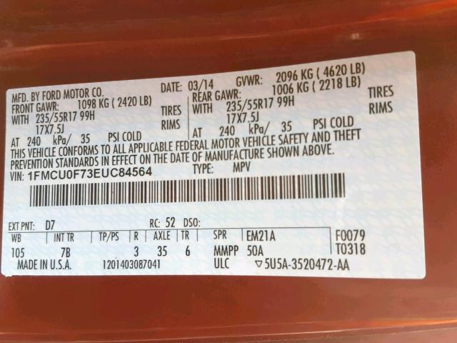 1FMCU0F73EUC84564 - 2014 FORD ESCAPE S RED photo 10