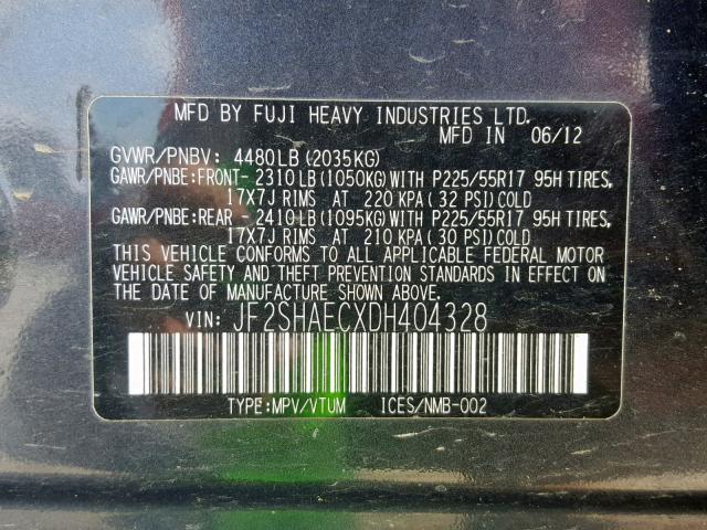 JF2SHAECXDH404328 - 2013 SUBARU FORESTER L GRAY photo 10