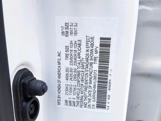 5J6RW2H84HL066373 - 2017 HONDA CR-V EXL WHITE photo 10