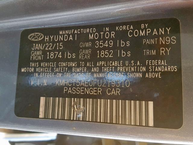 KMHCT5AE0FU219310 - 2015 HYUNDAI ACCENT GS GRAY photo 10