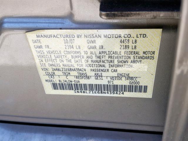 1N4BL21E68N439424 - 2008 NISSAN ALTIMA 3.5 GOLD photo 10