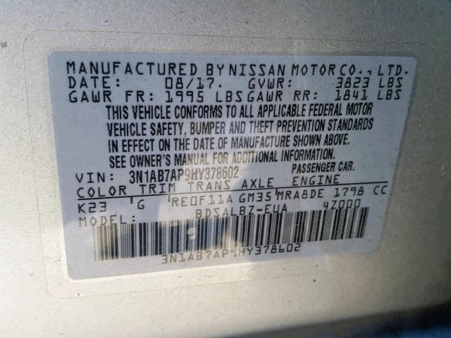 3N1AB7AP9HY378602 - 2017 NISSAN SENTRA S SILVER photo 10