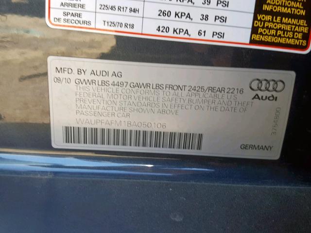 WAUPFAFM1BA050106 - 2011 AUDI A3 PREMIUM GRAY photo 10