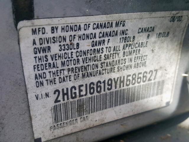 2HGEJ6619YH585627 - 2000 HONDA CIVIC BASE GRAY photo 10