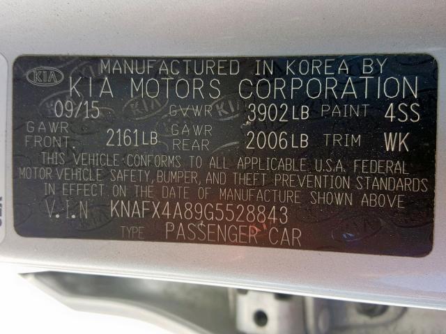 KNAFX4A89G5528843 - 2016 KIA FORTE EX SILVER photo 10