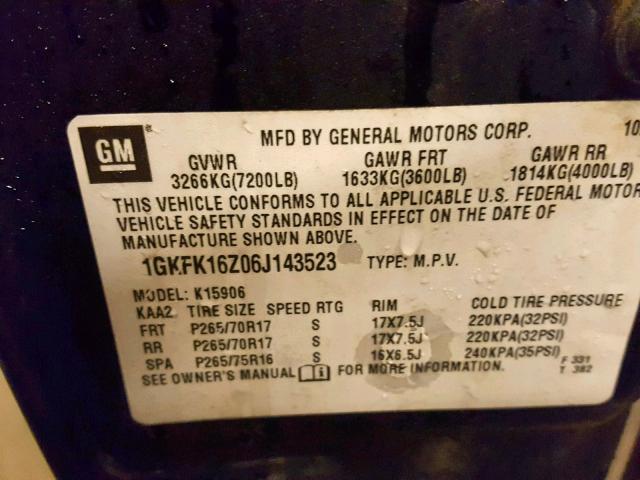 1GKFK16Z06J143523 - 2006 GMC YUKON XL K BLACK photo 10