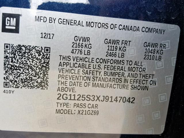 2G1125S3XJ9147042 - 2018 CHEVROLET IMPALA PRE ლურჯი ფოტო 10