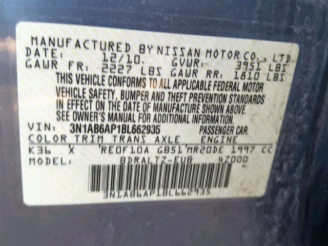 3N1AB6AP1BL662935 - 2011 NISSAN SENTRA 2.0 GRAY photo 10