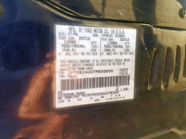 1FTCR14UXTPB50859 - 1996 FORD RANGER SUP BLUE photo 10