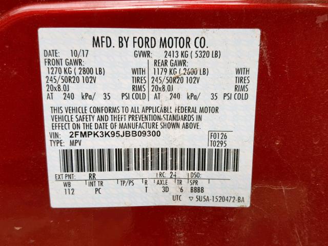 2FMPK3K95JBB09300 - 2018 FORD EDGE TITAN RED photo 10