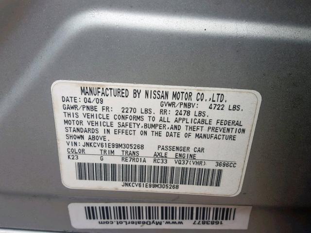 JNKCV61E99M305268 - 2009 INFINITI G37 BASE SILVER photo 10