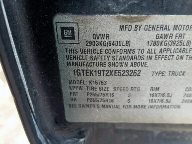 1GTEK19T2XE523262 - 1999 GMC NEW SIERRA BLACK photo 10