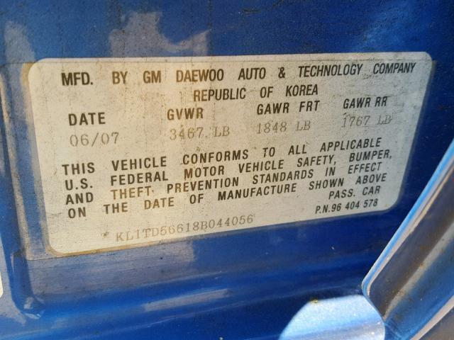 KL1TD56618B044056 - 2008 CHEVROLET AVEO BASE Mavi foto 10