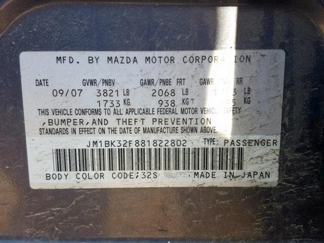 JM1BK32F881822802 - 2008 MAZDA MAZDA3 GRAY photo 10