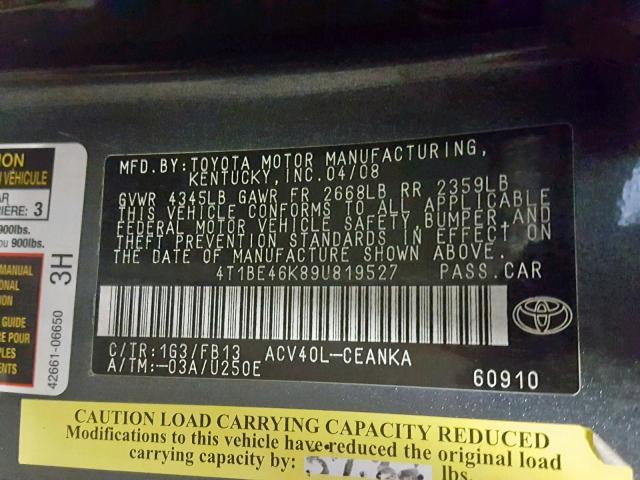 4T1BE46K89U819527 - 2009 TOYOTA CAMRY BASE CHARCOAL photo 10