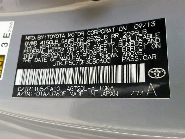 JTKJF5C70E3080603 - 2014 TOYOTA SCION TC GRAY photo 10