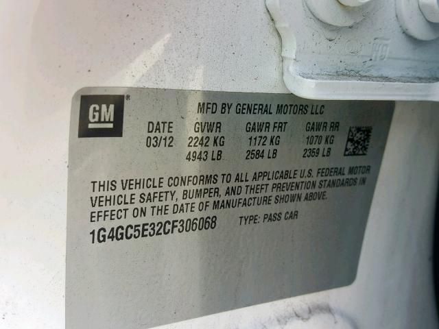 1G4GC5E32CF306068 - 2012 BUICK LACROSSE WHITE photo 10