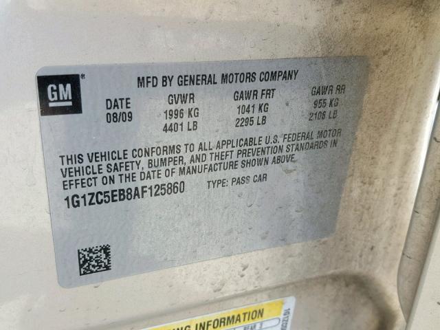 1G1ZC5EB8AF125860 - 2010 CHEVROLET MALIBU 1LT TAN photo 10