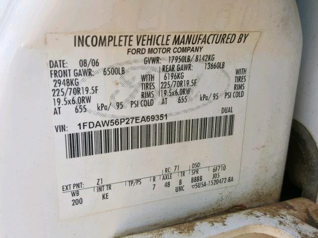 1FDAW56P27EA69351 - 2007 FORD F550 SUPER WHITE photo 10