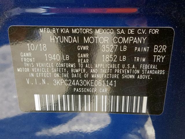 3KPC24A30KE061141 - 2019 HYUNDAI ACCENT SE BLUE photo 10