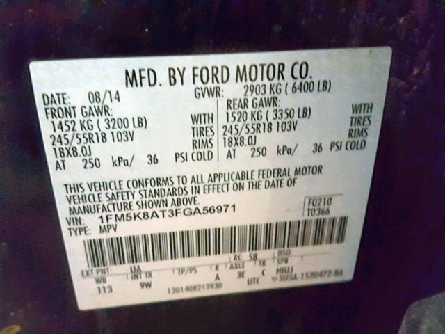 1FM5K8AT3FGA56971 - 2015 FORD EXPLORER P BLACK photo 10